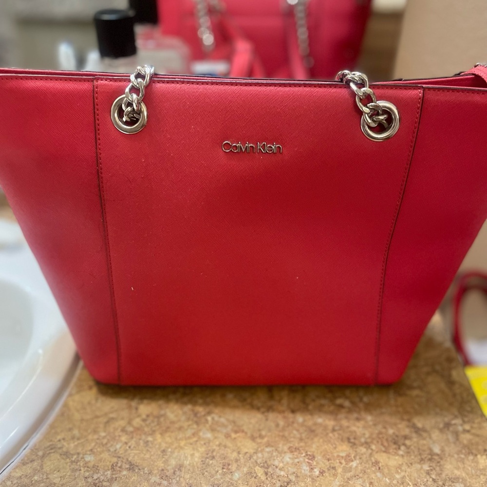 Calvin Klein Red Leather Tote with Chain Straps